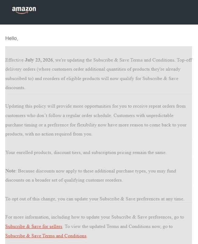 Amazon's Subscribe & Save Terms and Conditions update email, stating that effective July 23, 2026, top-off delivery orders and reorders of eligible products will qualify for Subscribe & Save discounts